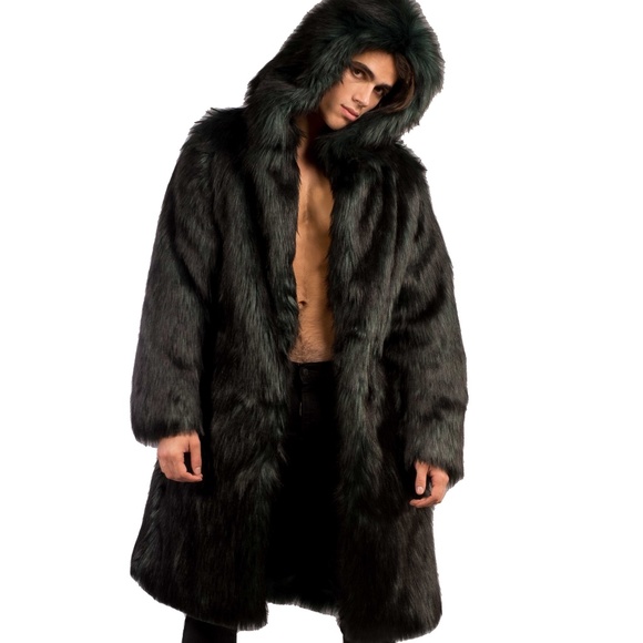 FURROCIOUS FURR Men’s Faux Fur Green Black Long Coat for Festivals, Burning Man